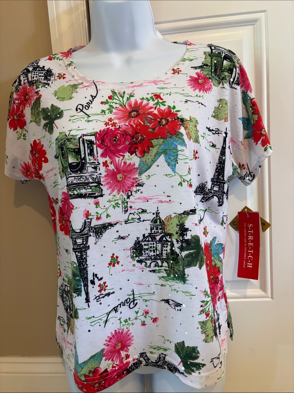Paris-Inspired Floral Scoop Neck Tee - White with Pink & Green